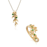 Bague et Pendentif O Leaf Argent 925 Plaqué Or Tsavorite