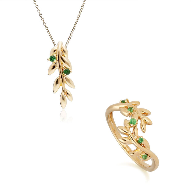 Bague et Pendentif O Leaf Argent 925 Plaqué Or Tsavorite