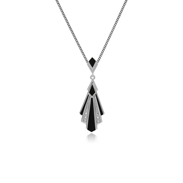 Pendentif Eventail Style Art Déco Argent 925 Onyx Noire et Marcassite