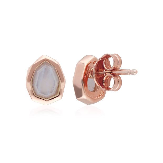 Boucles d'Oreilles Clou Irregulier B Gem Argent 925 Plaqué Or Rose Agate Bleue