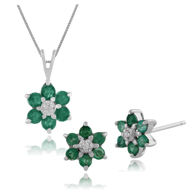 Pendentif et Boucles d'Oreilles Clou Floral Or Blanc 375 Emeraude Ronde et Diamant Cluster