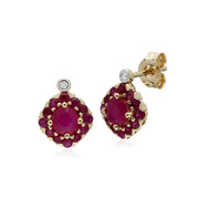 Boucles d'Oreilles Clou et Pendentif Carré Classique Or Jaune 375 Rubis et Diamant Cluster