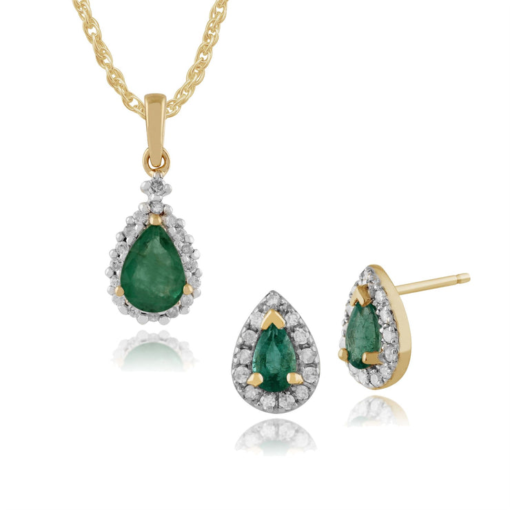 Pendentif et Boucles d'Oreilles Clou Classique Or Jaune 375 Emeraude Poire et Diamant Halo