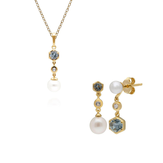 Boucles d'Oreilles et Pendentif Perle Moderne Argent 925 Plaqué Or Aigue-Marine, Topaze et Perle