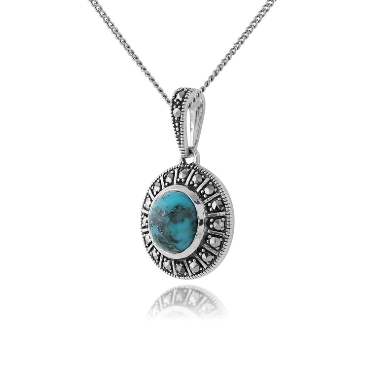 Pendentif Style Art Déco Argent 925 Turquoise Cabochon et Marcassite