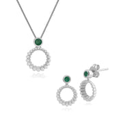 Pendentif et Boucles d'Oreilles Pendantes Classique Argent 925 Emeraude Ronde serti Clos