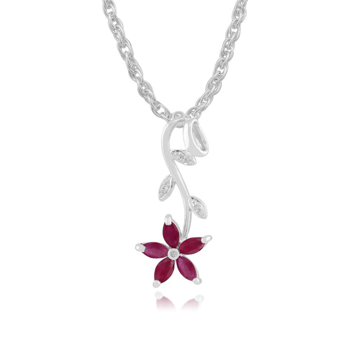 Pendentif Floral Or Blanc 375 Rubis Marquise et Diamant