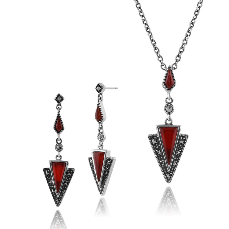 Collier et Boucles d'Oreilles Pendantes Triangle Style Art Déco Argent 925 Cornaline Rouge Cabochon et Marcassite