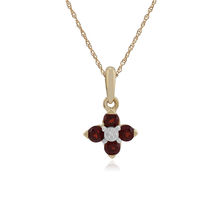 Pendentif et Boucles d'Oreilles Floral Or Jaune 375 Grenat Rond et Diamant