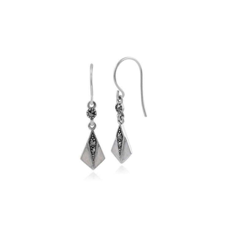 Boucles d'Oreilles Eventail Pendantes Style Art Déco Argent 925 Marcassite et Email Blanc