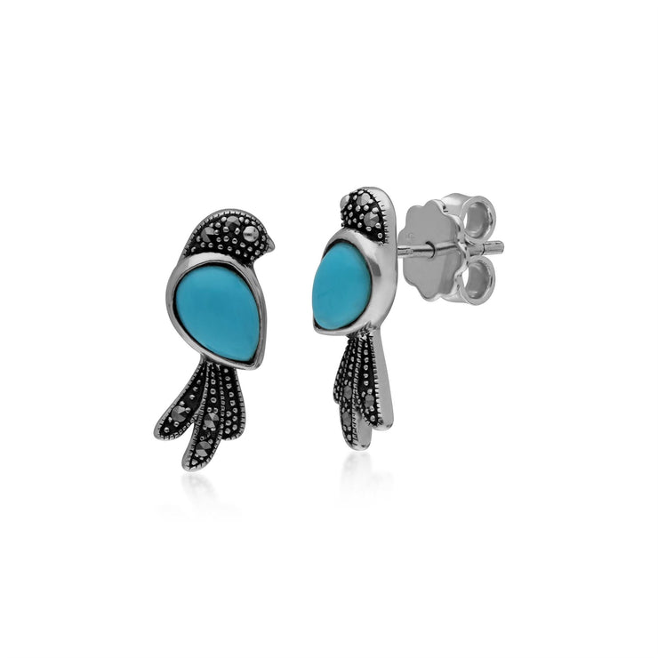 Turquoise Boucles D'Oreilles Argent Sterling 1 Carat Turquoise & 0,09 CT Marcassite Oiseaux Boucles D'Oreilles