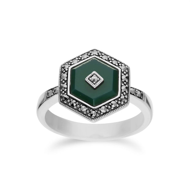 Gemondo Femmes Argent Sterling Teinté Calcédoine et Marcassite Hexagone Bague - Calcédoine