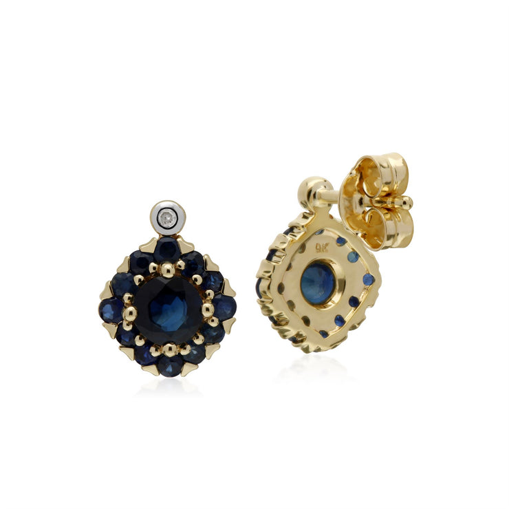 s 9 CT Saphir or Jaune & Diamant Carré Grappe Boucles D'Oreilles Clous