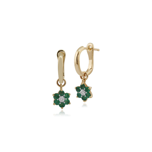 Boucles d'Oreilles Dormeuses Florale Or Jaune 375 Emeraude Rond et Diamant