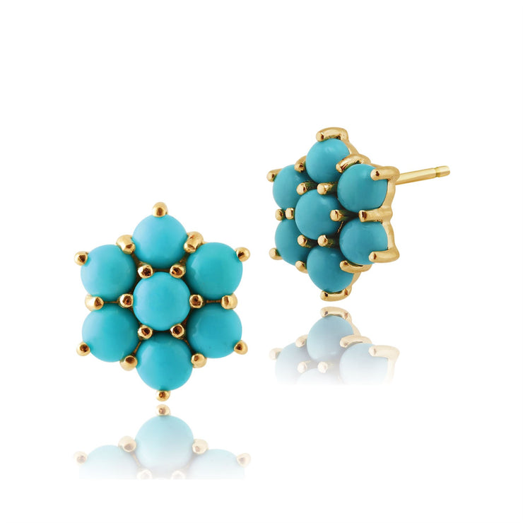 Boucles d'Oreilles Clou Floral Or Jaune 375 Turquoise Cabochon Style Cluster