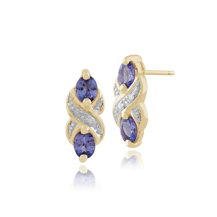 Pendentif et Boucles d'Oreilles Clou Torsadés Classique Or Jaune 375 Tanzanite et Diamant Ronds
