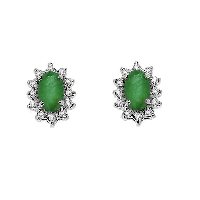 Pendentif et Boucles d'Oreilles Clou Classique Or Blanc 375 Emeraude Oval et Diamant halo