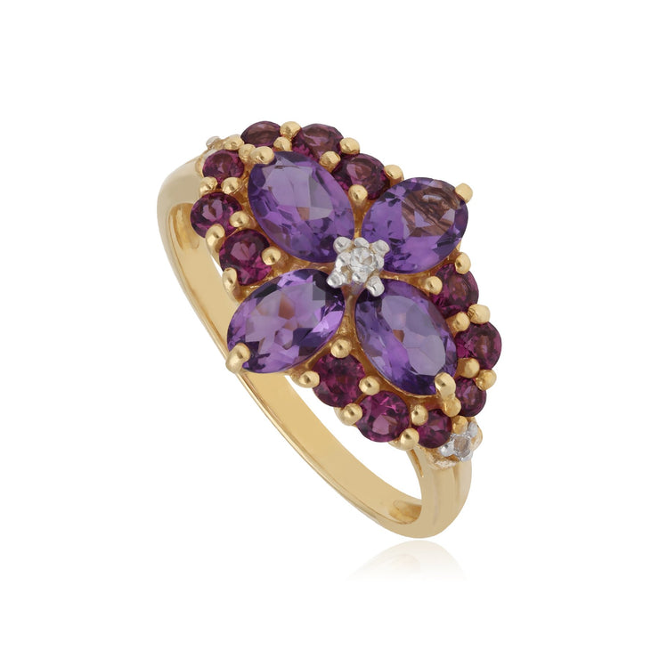Bague Kosmos Or Jaune 375 Tourmaline Rose, Topaze Blanche et Rhodolite