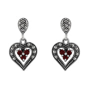 Boucles d'Oreilles Cœur Argent 925 Grenat Rond et Marcassite