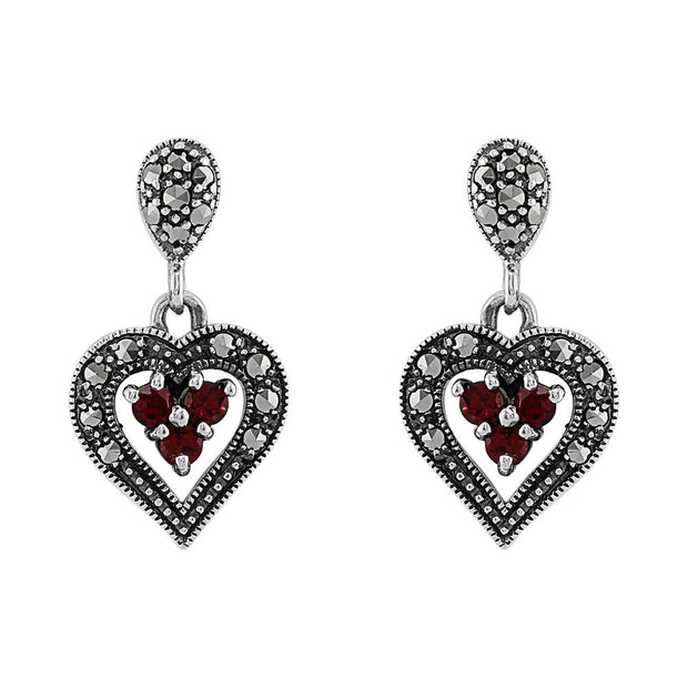 Boucles d'Oreilles Cœur Argent 925 Grenat Rond et Marcassite