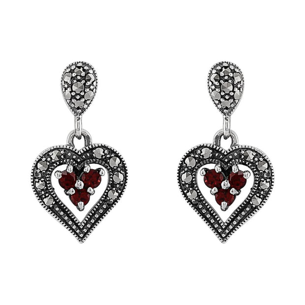 Boucles d'Oreilles Cœur Argent 925 Grenat Rond et Marcassite