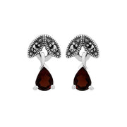 Collier et Boucles d'Oreilles Feuille Style Art Déco Argent 925 Grenat Poire et Marcassite