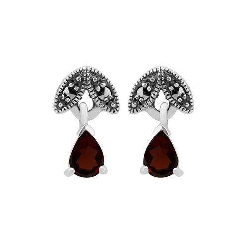 Collier et Boucles d'Oreilles Feuille Style Art Déco Argent 925 Grenat Poire et Marcassite