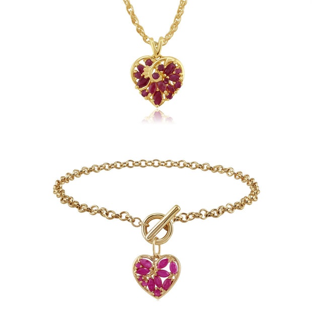 Bracelet Charm's et Pendentif Cœur Classique Or Jaune 375 Rubis Marquise