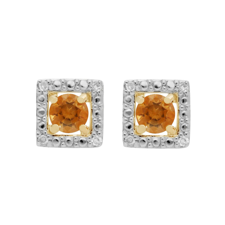Boucles d'Oreilles Clou Citrine Classique Or Jaune 375 et Ear-Jacket Carré Diamant