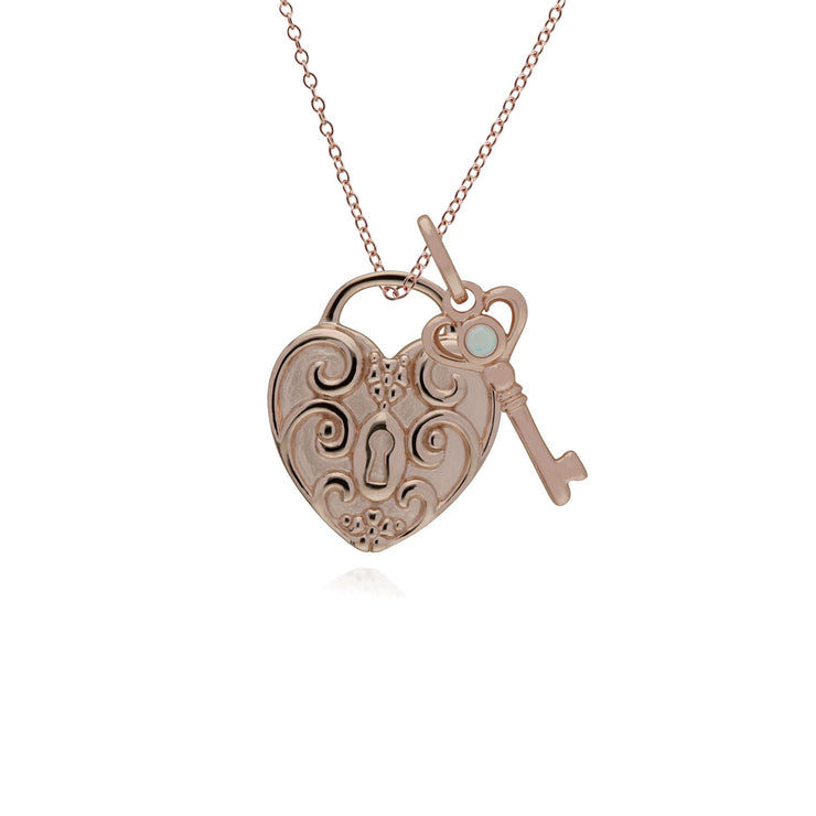 Pendentif Classique Cadenas Cœur Torsadé Argent 925 Plaqué Or Rose et Charms Clé Opale