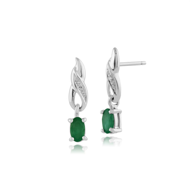 Boucles d'Oreilles Pendantes Classique Or Blanc Emeraude et Diamant