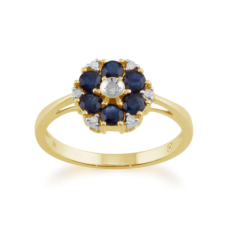 gemondo 9 Ct Or Jaune Floral 0.78ct Bleu Saphir & Bague diamant