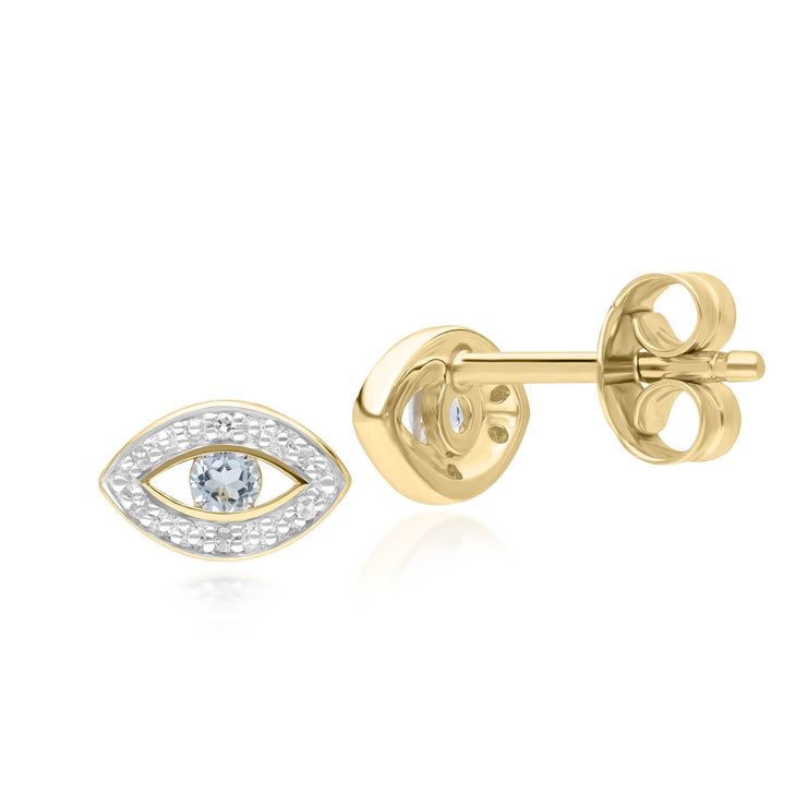 ECFEW™ Boucles d'Oreilles Clou Evil Eye Délicat Topaz Bleu et Diamants en Or Jaune 375