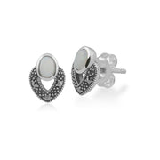 Boucles d'Oreilles Clou et Collier Style Art Déco Argent 925 Opale Ovale et Marcassite