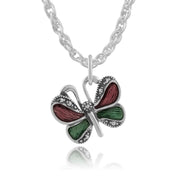 Collier et Boucles d'Oreilles Pendantes Papillon Style Nouveau Argent 925 Marcassite et Email