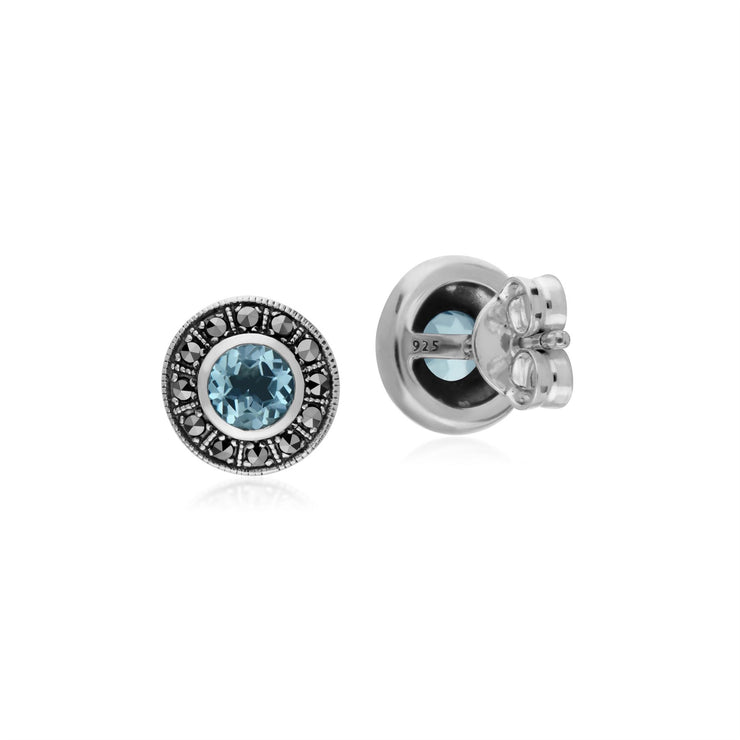 s Argent Sterling Rond Topaze Bleu et Marcassite Grappe Boucles D'Oreilles Clous