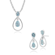 Boucles d'Oreilles Pendantes et Pendentif Classique Or Blanc 375 Topaze Bleue Poire Halo