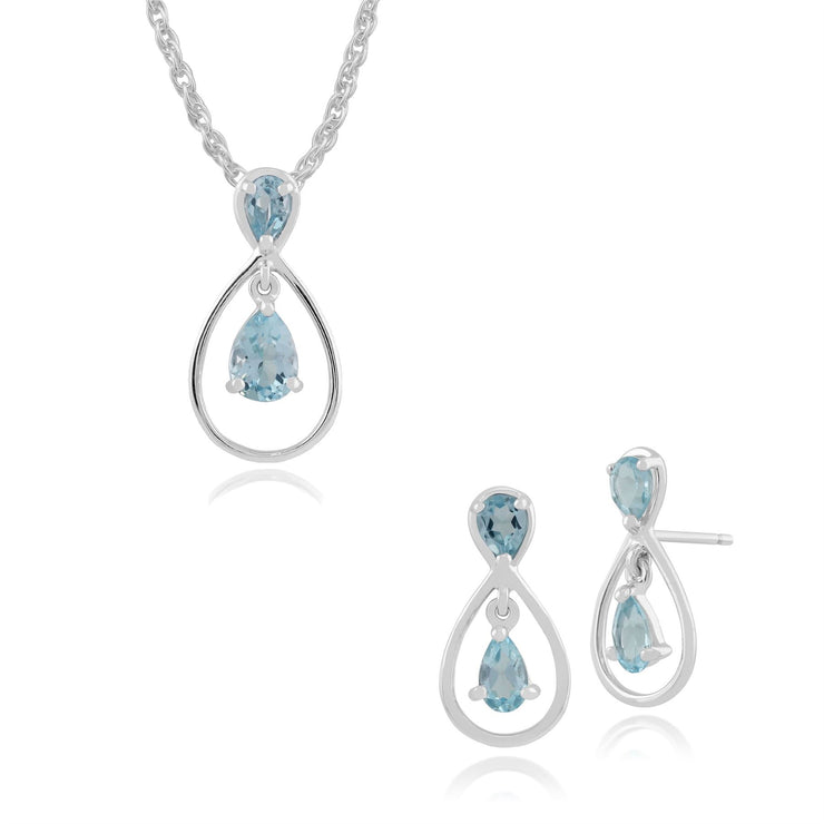 Boucles d'Oreilles Pendantes et Pendentif Classique Or Blanc 375 Topaze Bleue Poire Halo