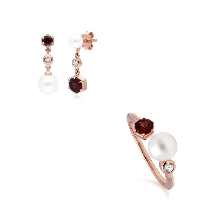 Bague et Boucles d'Oreilles Perle Moderne Argent 925 Plaqué Or Rose Grenat, Topaze et Perle