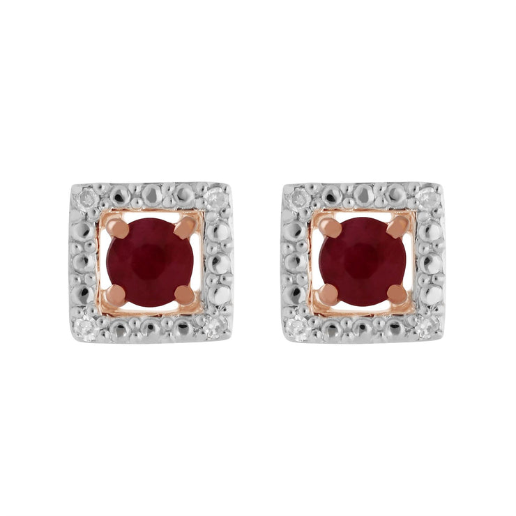 Boucles d'Oreilles Clou Rubis Classique Or Rose 375 et Ear-Jacket Carré Diamant