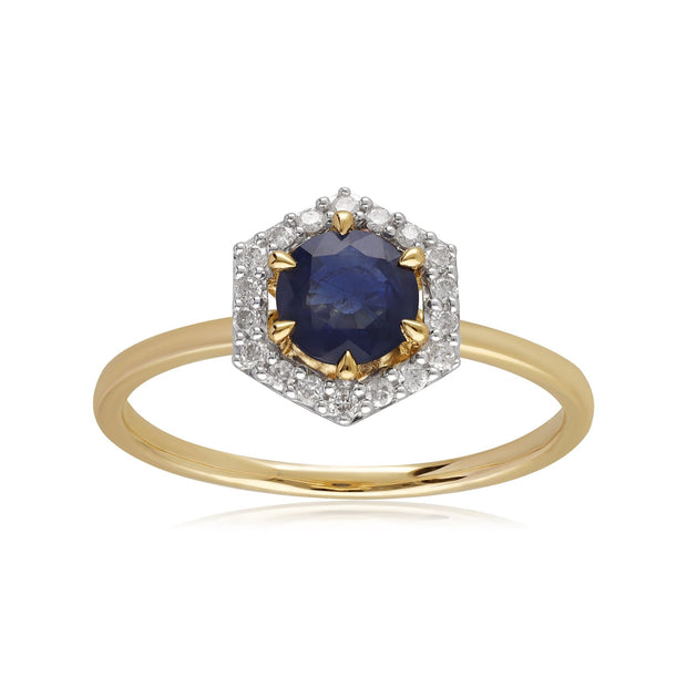 Bague Fiançailles Halo Or Jaune 375 Saphir 0,92ct et Diamant