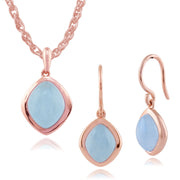 Pendentif et Boucles d'Oreilles Pendantes Boho Argent 925 Plaqué Or Jaune Jade Bleue Coupe Diamant Serti Clos