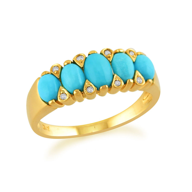 9 Ct Or Jaune 1.40CT Turquoise Cabochon & Anneau de cinq pierres de diamant