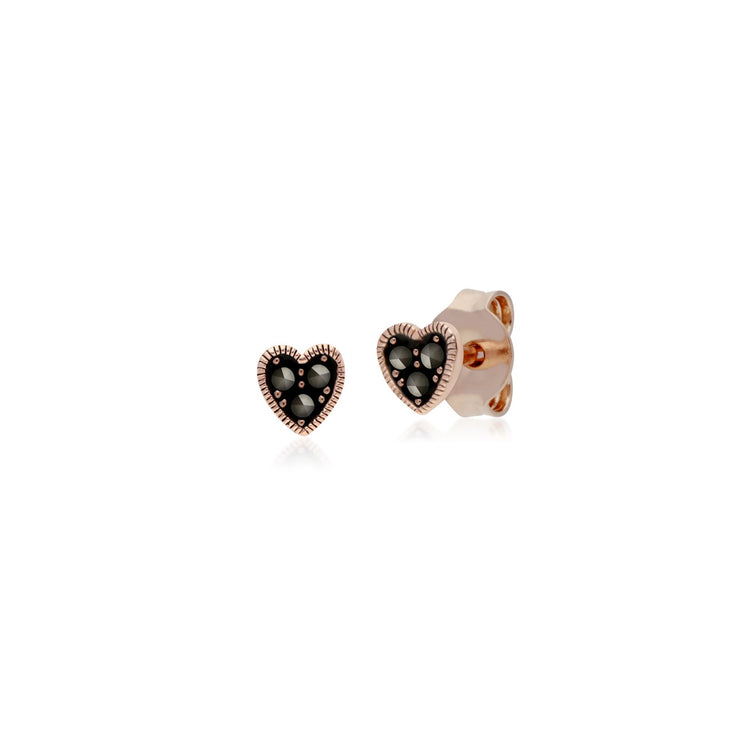 Collier et Boucles d'Oreilles Clou Cœur Argent 925 Plaqué Or Rose Marcassite