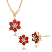 Pendentif et Boucles d'Oreilles Clou Floral Or Jaune 375 Opale de feu et Diamant