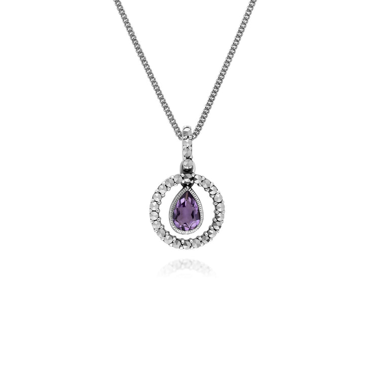 Boucles d'Oreilles Pendantes et Pendentif Classique Argent 925 Améthyste Poire et Marcassite