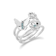 Set de Trois Bagues Empilables Floral Or Blanc 375 Topaze Bleue et Diamant Papillion et Fleurs