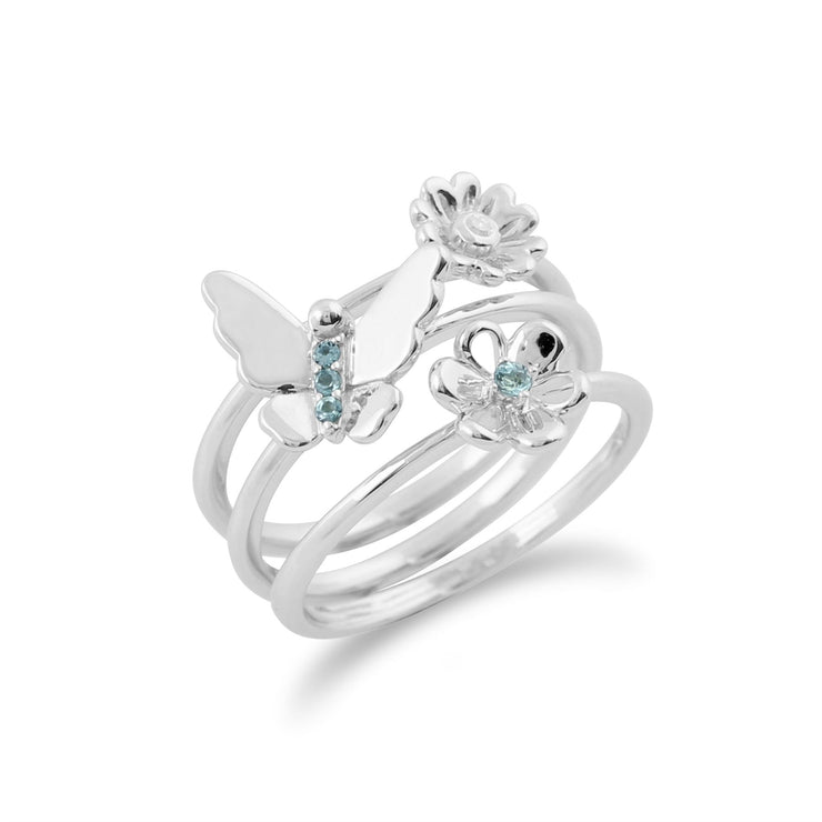 Set de Trois Bagues Empilables Floral Or Blanc 375 Topaze Bleue et Diamant Papillion et Fleurs
