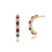 Boucles d'Oreilles Demi Créoles et Bague Demi-Eternité Classique Or Jaune 375 Rubis Rond et Diamant