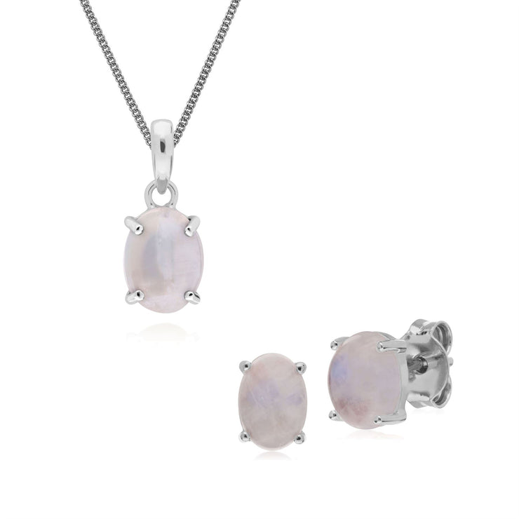 Boucles d'Oreilles Clou et Pendentif Classique Argent 925 Pierre de lune Arc-en-Ciel Oval